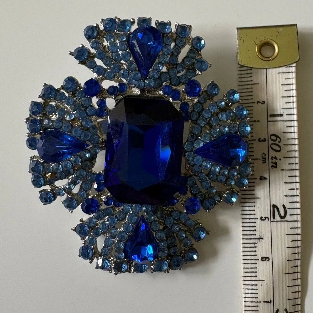 Blue Crystal Rhinestone Maltese Cross Brooch Pin Silver Tone Statement Jewelry